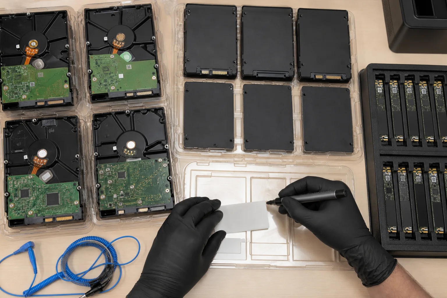 Hurda Hard Disk ve SSD Alımı için ayrıştırılmış ekipmanların gerçekçi görünümü