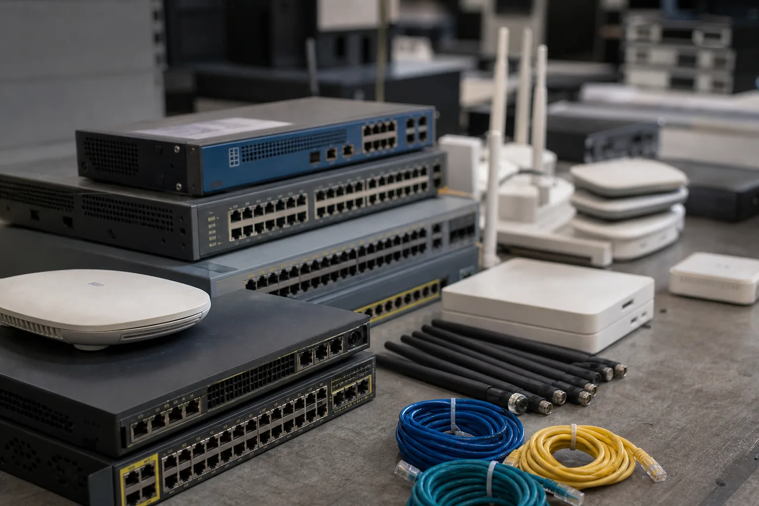 Hurda Modem ve Ağ Cihazı Alımı için ayrıştırılmış ekipmanların gerçekçi görünümü